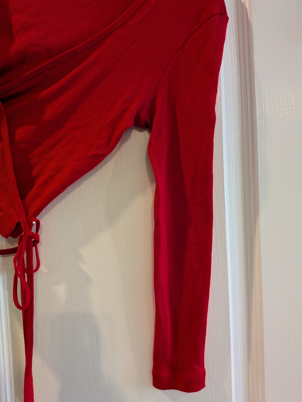 Lisa Says Gah Lucille Wrap Top Red Ribbed Long Sleeve Cropped Cotton Size M - Picture 6 of 15